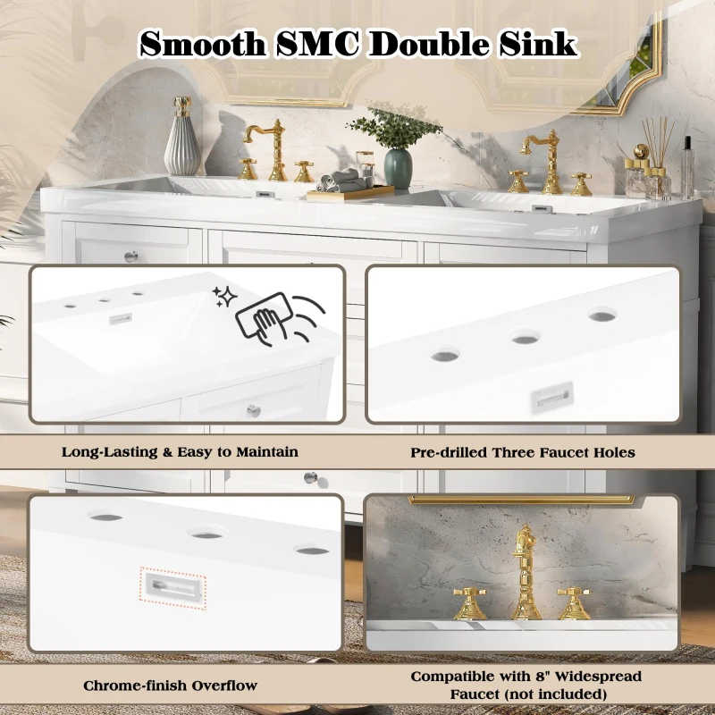 Modern Bathroom Vanity Cabinet with Soft-Close Hinges, Soft Close Storage Vanity with Adjustable Shelves, 59'' L x 19.5'' W x 34'' H, White