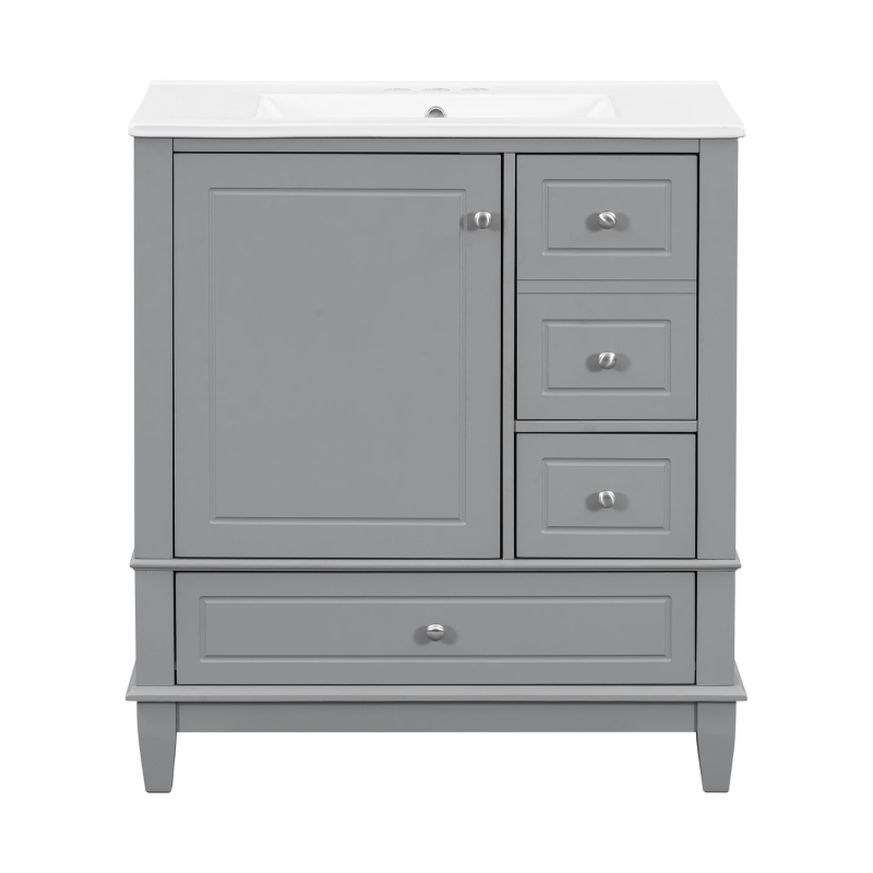 Stylish Bathroom Vanity with Easy-Clean Ceramic Sink and 3 Pre-Drilled Holes, Ideal Cabinet for Modern Bathrooms, 30" L x 18.5" W x 33.5" H, Gray