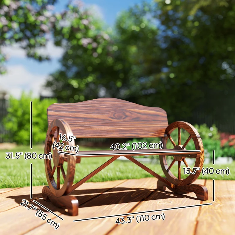 Outsunny Wooden Outdoor Bench, Garden Patio Loveseat with Wagon Wheel Armrests, 528LBS Capacity, Carbonized