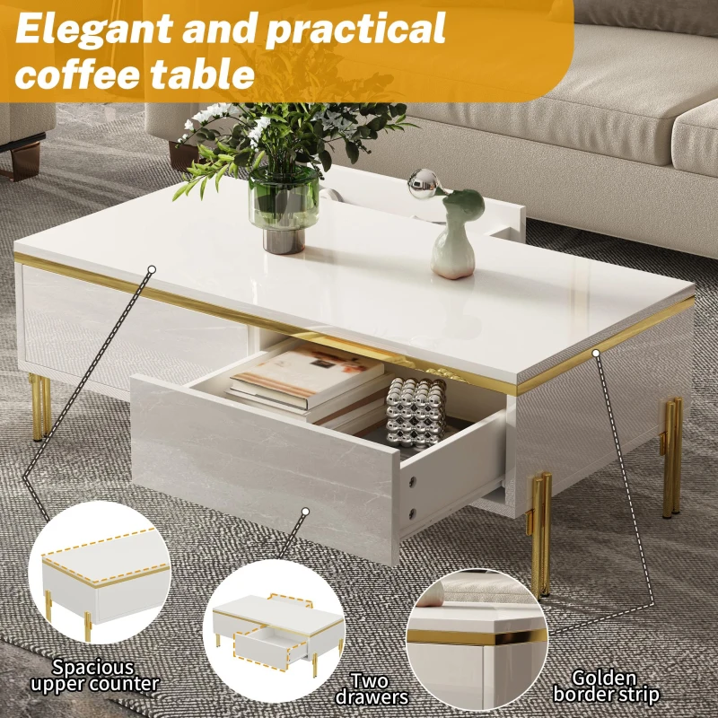 Modern High-Gloss Coffee Table with Hidden Dual Drawers, Stain-Resistant Center Table with Metal Legs, 39.5'' L x 19.5'' W x 14'' H, White