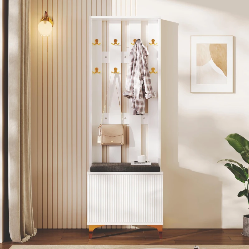 Coat Rack and Shoe Bench Set with Cushioned Seat and Adjustable Shelves, Entry Storage Unit with Wave-Panel Doors, 21.5'' L x 14'' W x 68.5'' H, White