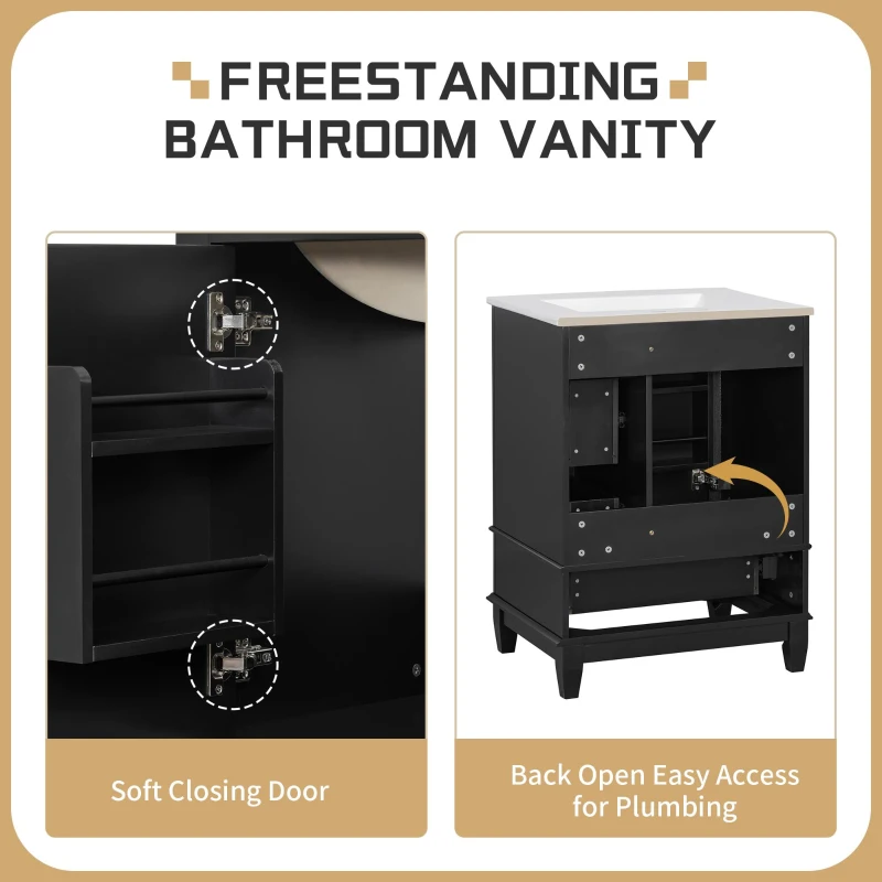 Spacious Bathroom Vanity with 3 Drawers and One-Door Cabinet, Freestanding Cabinet for Small Bathrooms, 24" L x 18.5" W x 34" H, Black