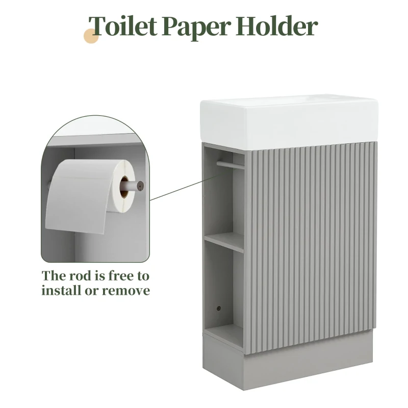 Practical Bathroom Vanity with 2-Tier Storage Shelves and Toilet Paper Holder, Compact Cabinet for Small Bathrooms, 18.5" L x 10.5" W x 33" H, Gray