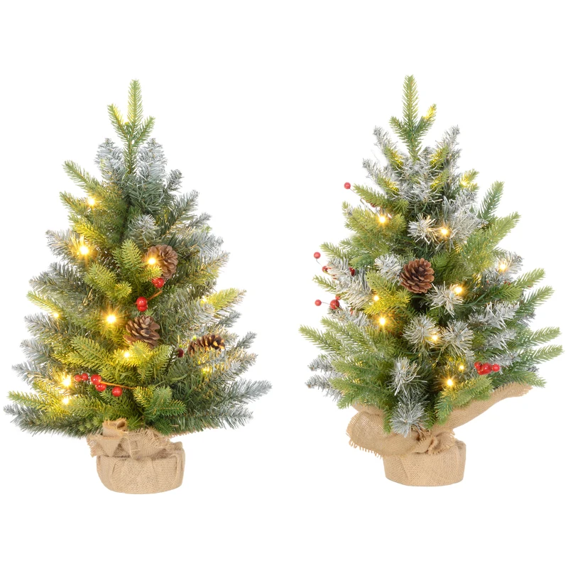 HOMCOM Set of 2 2ft Pre-Lit Artificial Christmas Trees with 20 Warm White Lights and 141 Tips, Burlap Base, Xmas Tree, Green