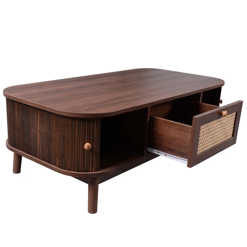 Rattan Coffee Table with Woven Drawers and Unique Sliding Cabinet Doors, Sliding Door Center table with Slatted Base, 43.5'' L x 21.5'' W x 15'' H, Wood