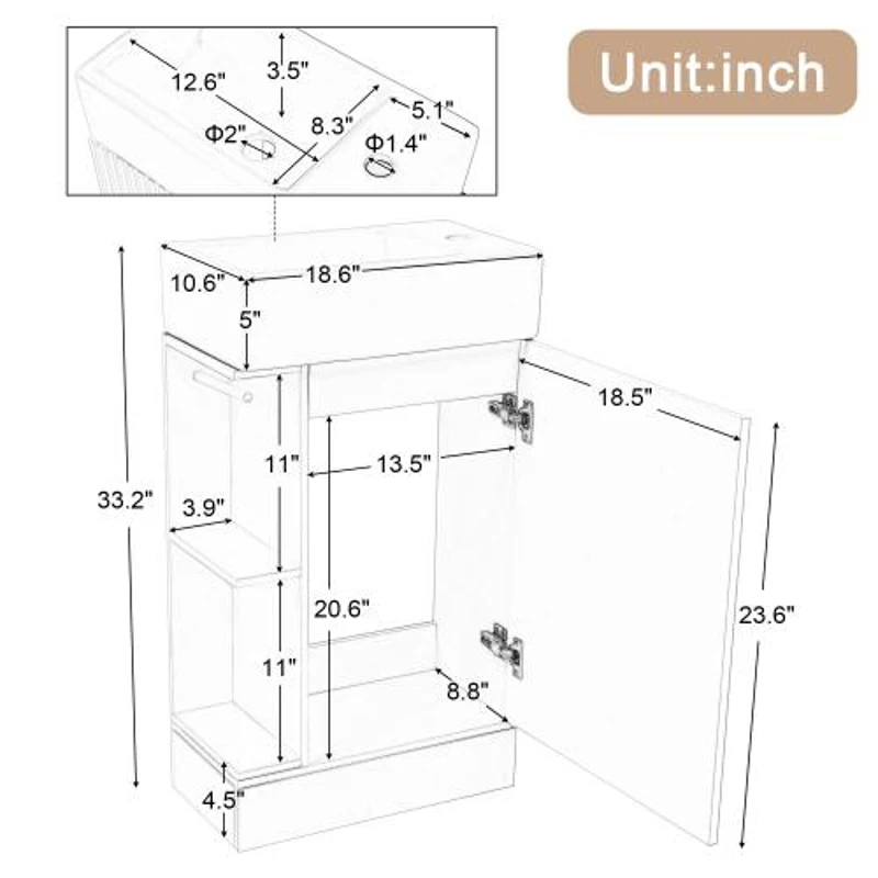 Practical Bathroom Vanity with 2-Tier Shelves and Toilet Paper Holder, Compact Cabinet for Small Bathrooms, 18.5" L x 10.5" W x 33" H, Natural Wood