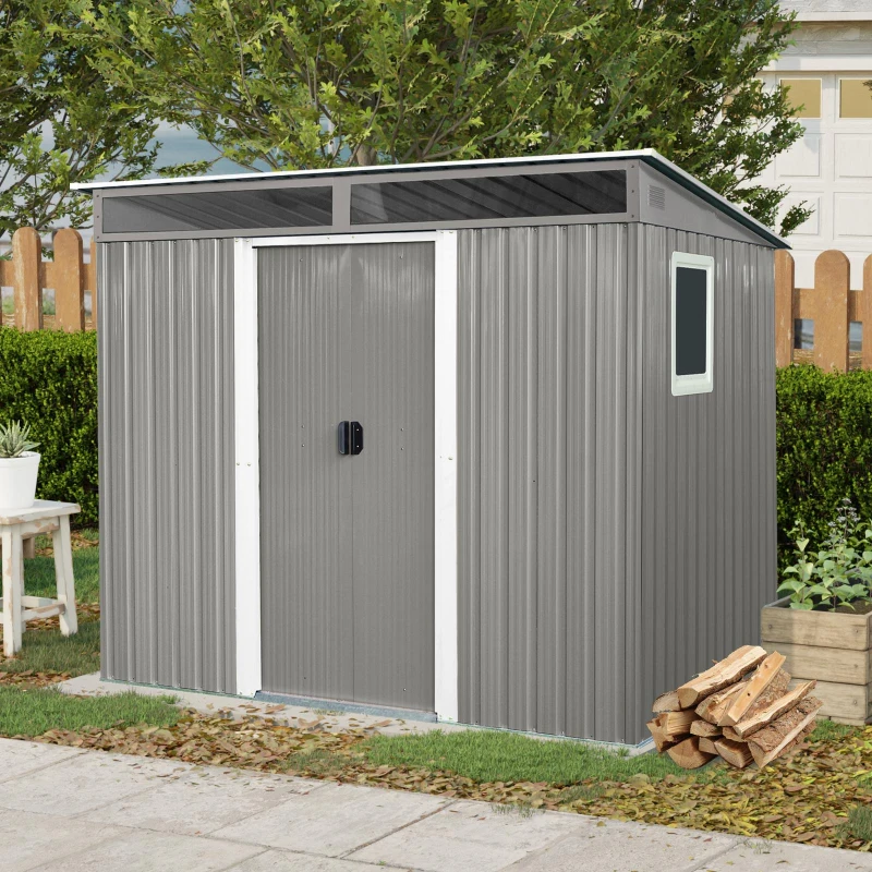 8ft x 6ft Outdoor Metal Storage Shed with Lockable Sliding Doors, Peaked Roof Metal House for Garden Tools, 93.5'' L x 68.5'' W x 77'' H, Gray