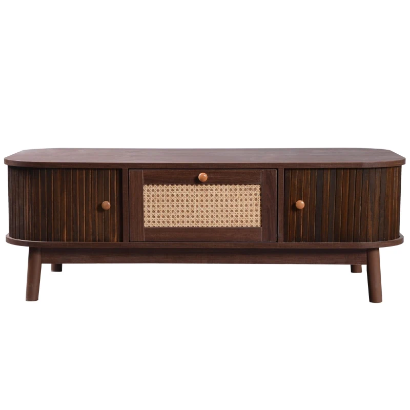 Rattan Coffee Table with Woven Drawers and Unique Sliding Cabinet Doors, Sliding Door Center table with Slatted Base, 43.5'' L x 21.5'' W x 15'' H, Wood