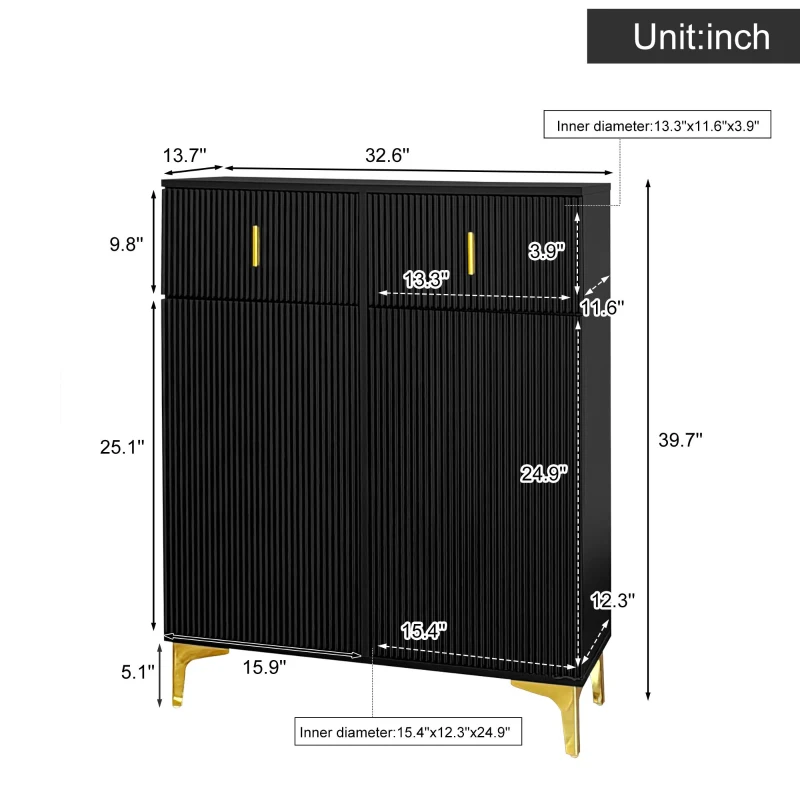 Elegant Sideboard with Push-To-Open Mechanism, Versatile Shoe Cabinet for Hallways and Entryways, 32.5" L x 13.5" W x 39.5" H, Black