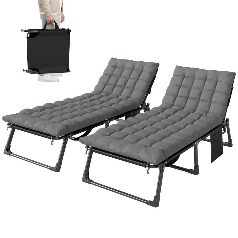 Outsunny 29.5" Wide Folding Chaise Lounge Chair Outdoor Tanning Chair Set of 2, Camping Cot with Cushion, Side Pocket, Dark Grey