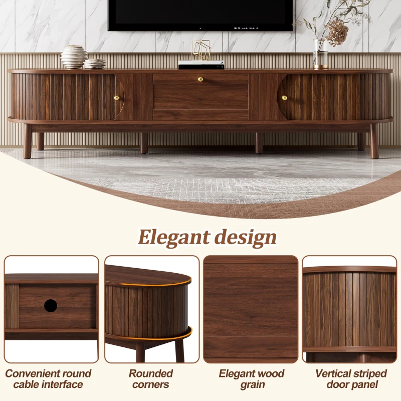 Sliding-Door TV Cabinet with Spacious Drawer and 2 Sliding Doors, Modern Wood TV Stand for Living Room, 67'' L x 15.5'' W x 15'' H, Walnut