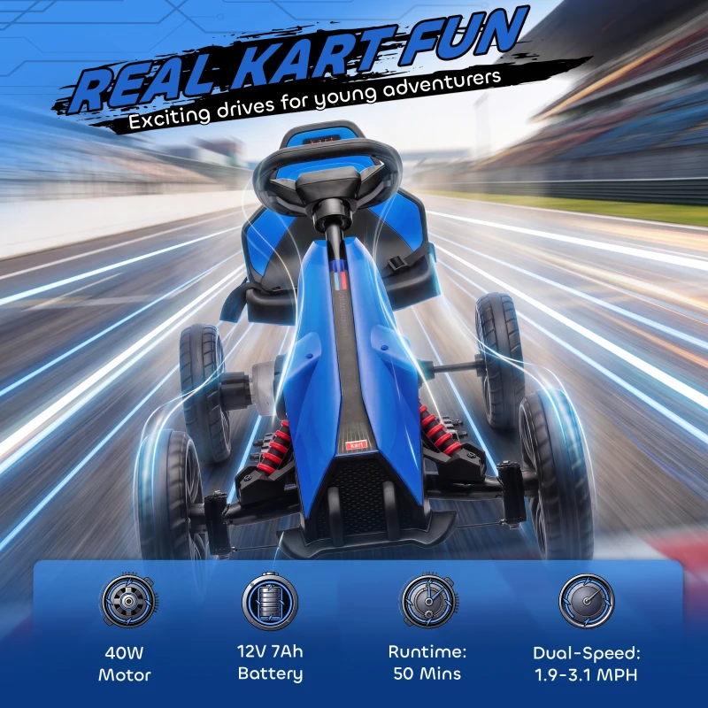 Aosom 12V Electric Go Kart for Kids, Ride On Toy with EVA Tires, 2 Speeds, Adjustable Seat, Safety Belt for 3-8 Years, Blue