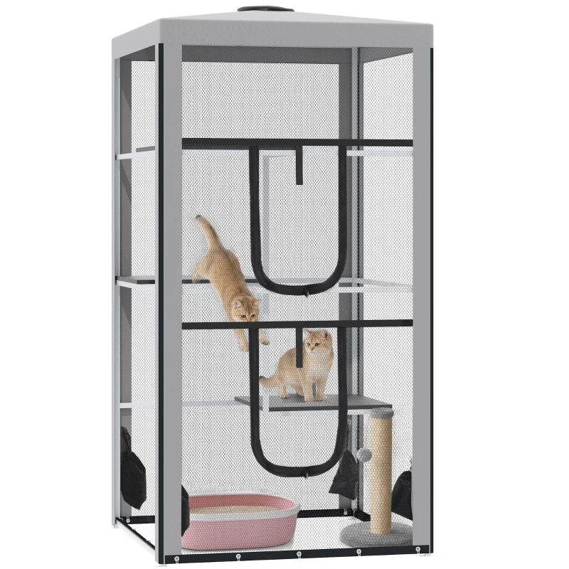 PawHut 79"H Catio Outdoor Cat Enclosure, Steel Frame Cat Cage with 3 Platforms, 2 Doors and 4 Sandbags for Stability