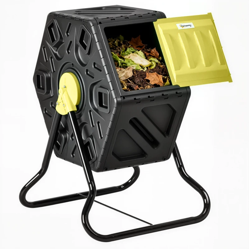 Outsunny Rotating Composter, Compost Bin with 24 Vents and Steel Legs, 17 Gallon, Yellow