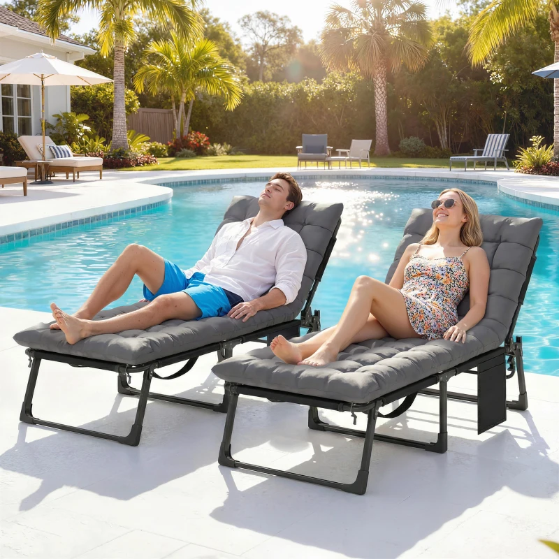 Outsunny 29.5" Wide Folding Chaise Lounge Chair Outdoor Tanning Chair Set of 2, Camping Cot with Cushion, Side Pocket, Dark Grey