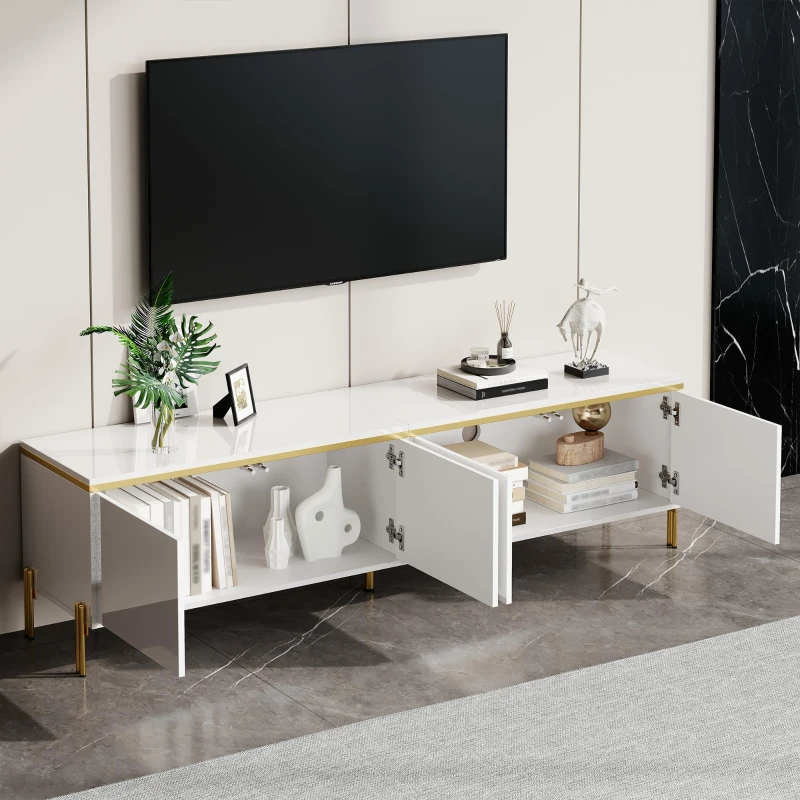Modern High-Gloss TV Stand with Built-In Cable Management, Metal Legged TV Cabinet with Easy-Clean Surface, 67'' L x 15'' W x 19.5'' H, White