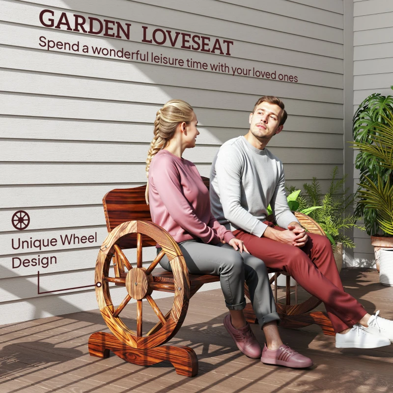 Outsunny Wooden Outdoor Bench, Garden Patio Loveseat with Wagon Wheel Armrests, 528LBS Capacity, Carbonized