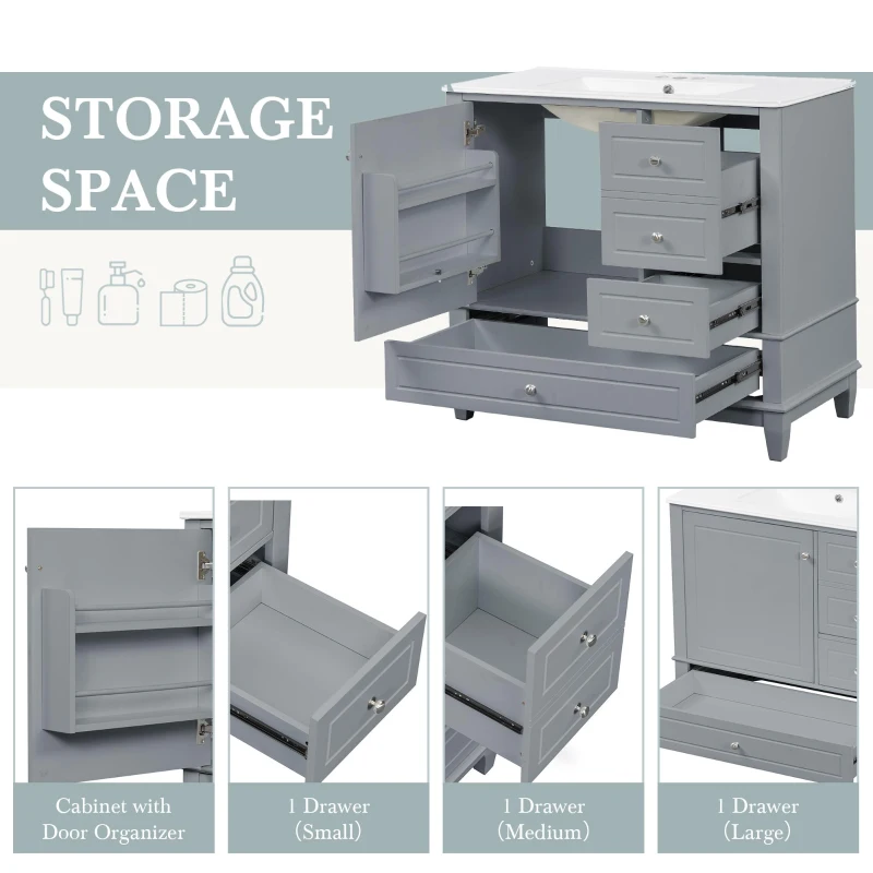 Spacious Bathroom Vanity with 3 Drawers and One-Door Cabinet, Freestanding Cabinet for Small Bathrooms, 36" L x 18.5" W x 33.5" H, Gray