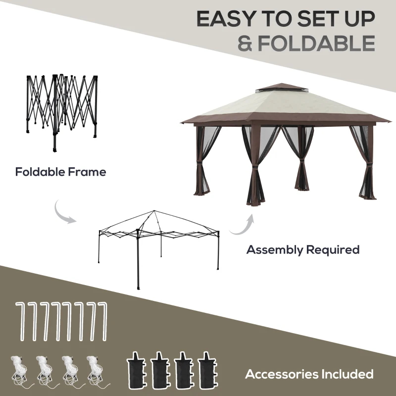 Outsunny 13' x 13' Pop Up Canopy, 2-Tier Roof Easy up Tent Shelter with Nettings Carry Bag Weight Bags for Garden, Patio, Beige