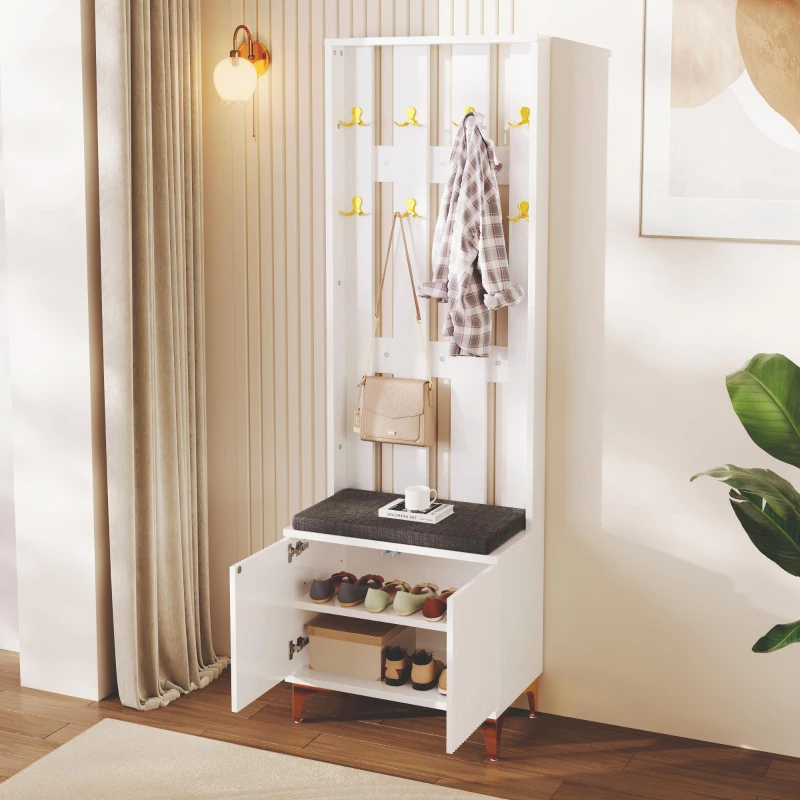 Coat Rack and Shoe Bench Set with Cushioned Seat and Adjustable Shelves, Entry Storage Unit with Wave-Panel Doors, 21.5'' L x 14'' W x 68.5'' H, White