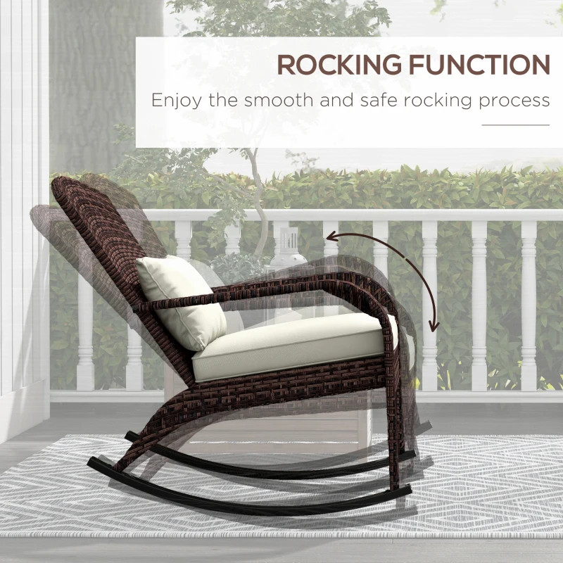 Outsunny Adirondack Chair, Outdoor Wicker Rocking Chair with High Back, Seat Cushion and Pillow for Porch, Balcony, Cream/Brown
