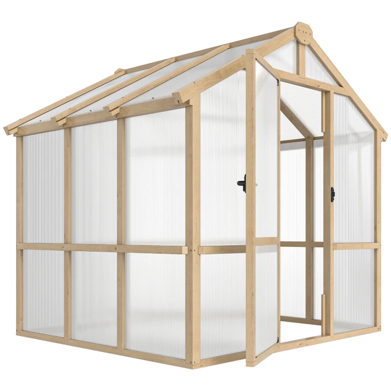 Outsunny 6.6 x 6ft Polycarbonate Greenhouse Wooden Green House with Thickened Polycarbonate Sheets, Lockable Door, Brown