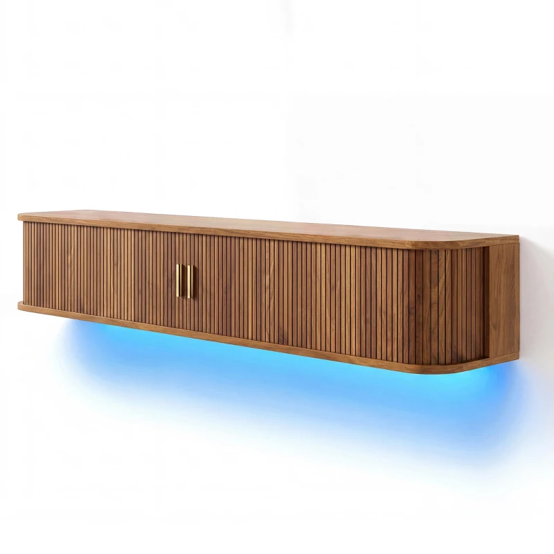 Wall-Mount Floating TV Cabinet with Built-In Cable Management, Sleek Modern Wooden Media Console with Open Shelves, 69'' L x 12'' W x 12'' H, Walnut