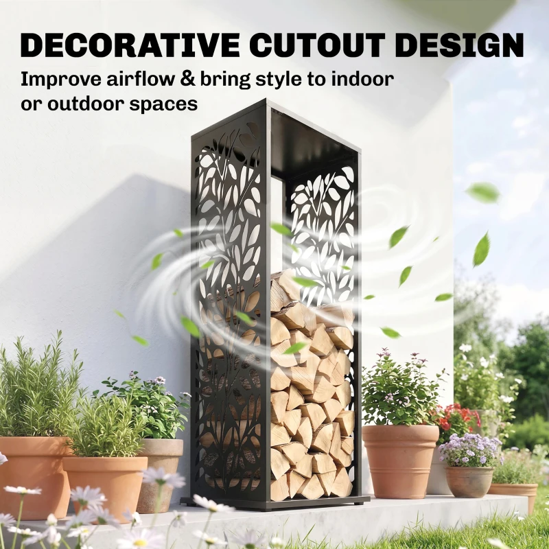 Outsunny 15 Inch Firewood Rack Outdoor Indoor, Cutout Galvanized Steel Firewood Holder with Hooks, Adjustable Pads, Black