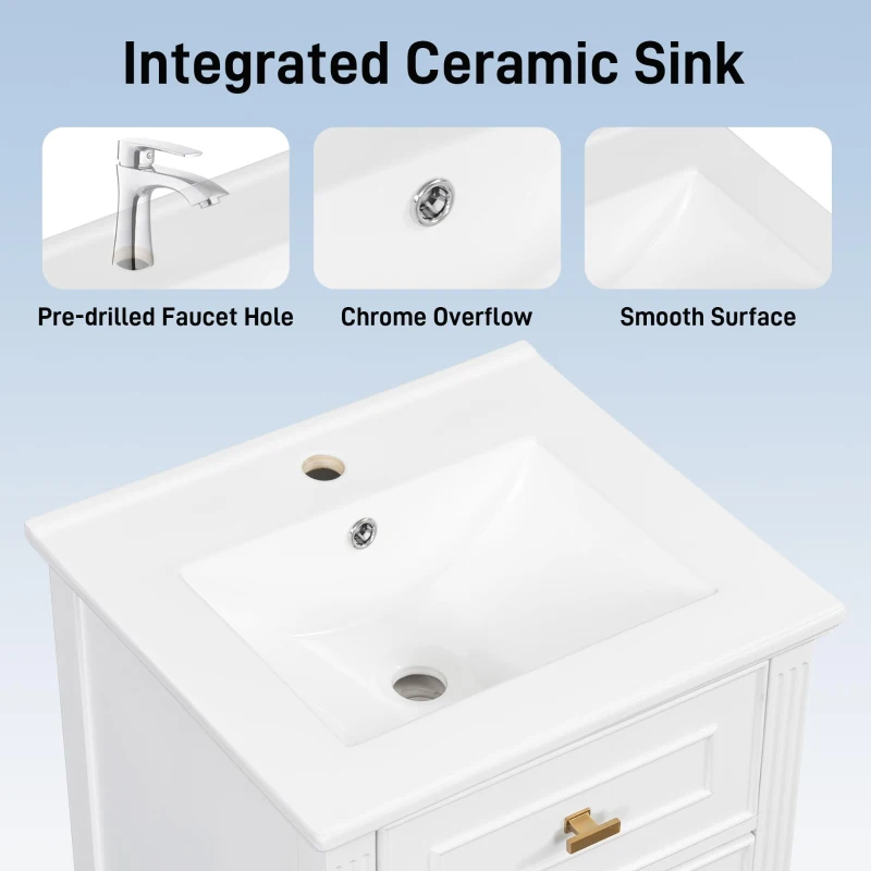 Functional Bathroom Vanity with Ceramic Sink and Tip-Out Top Drawer, Perfect Cabinet for Compact Bathrooms, 20" L x 18.5" W x 33.5" H, White