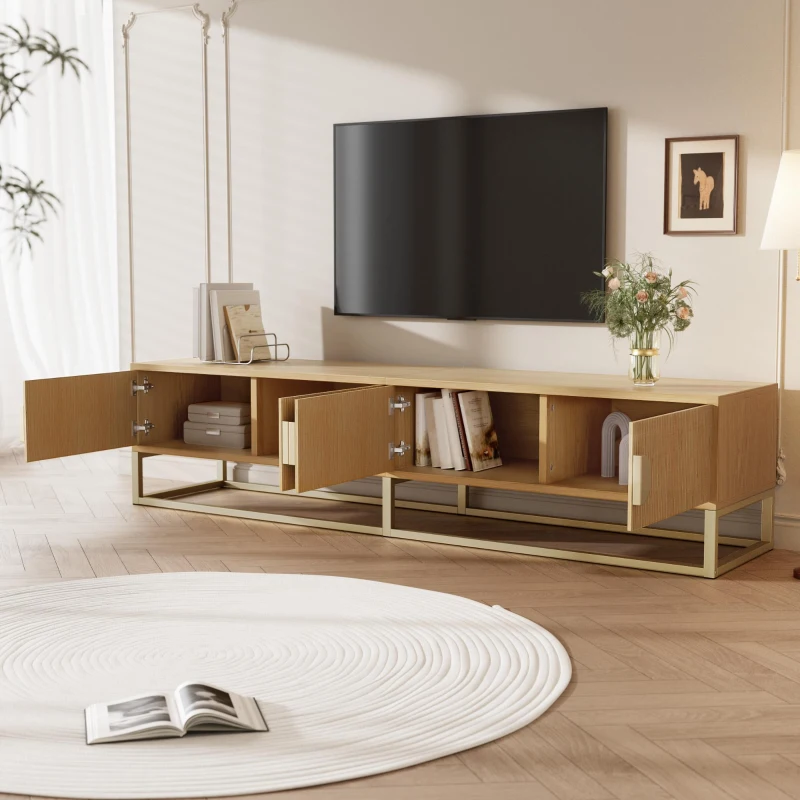 Spacious TV Cabinet with 4 Cabinet Doors, Smooth Sideboard with Integrated Soft-Close Hinges, 70.5" L x 15.5" W x 15.5" H, Natural