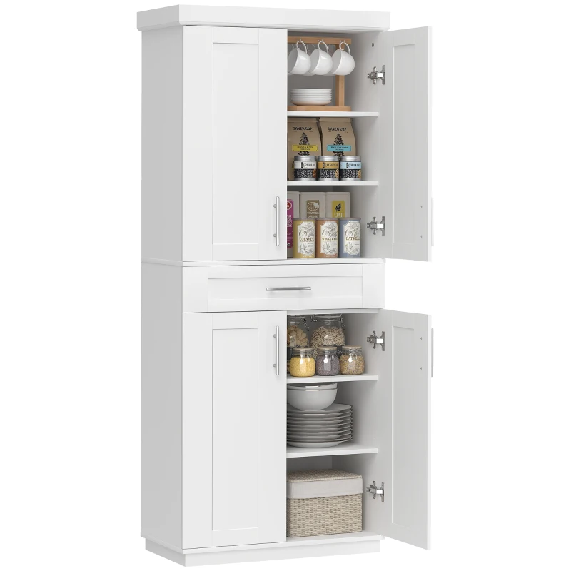 HOMCOM Modern Kitchen Pantry Freestanding Cabinet Cupboard with Doors and Drawer, Adjustable Shelving, White