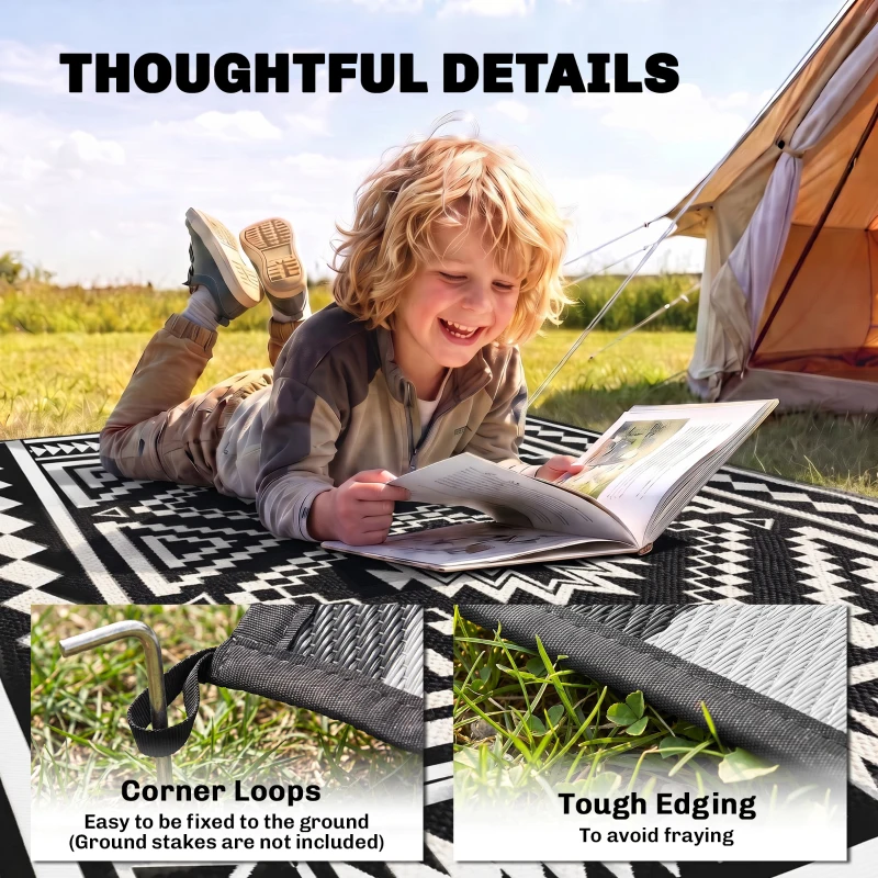 Outsunny Reversible Outdoor Rug, Waterproof Plastic Straw with Carry Bag, 9' x 18', Black & White Square Patchwork