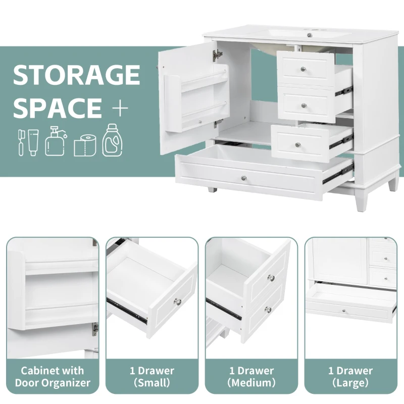 Spacious Bathroom Vanity with 3 Drawers and One-Door Cabinet, Freestanding Cabinet for Small Bathrooms, 36" L x 18.5" W x 33.5" H, White