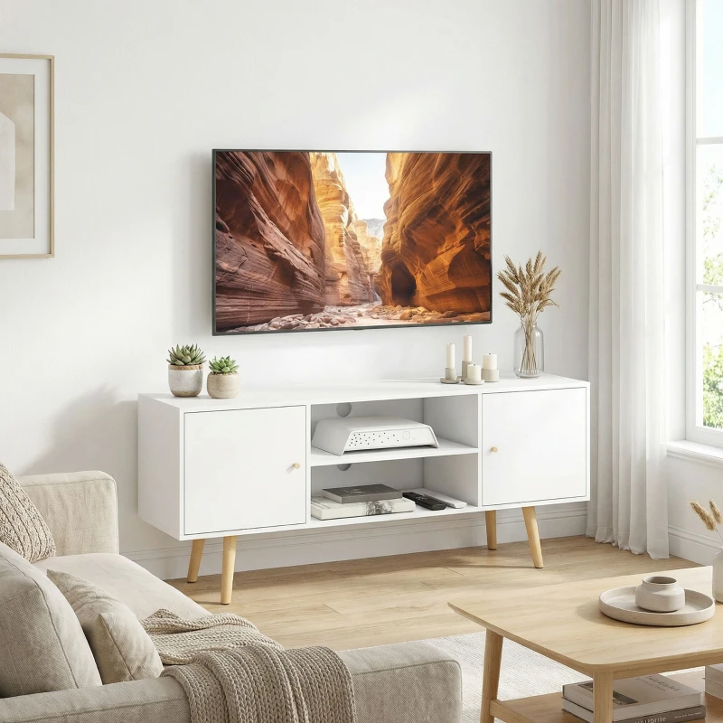 HOMCOM TV Stand Cabinet for TVs up to 55 Inches, Entertainment Unit with Storage Shelves and Wood Legs for Living Room, White