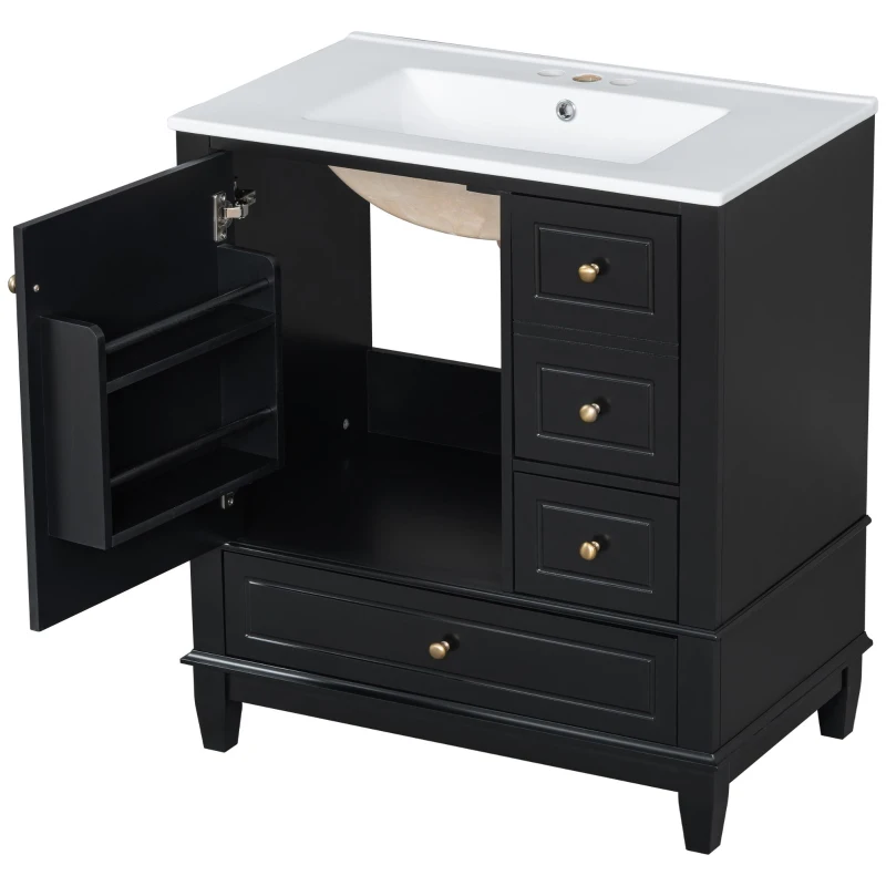 Stylish Bathroom Vanity with Easy-Clean Ceramic Sink and 3 Pre-Drilled Holes, Ideal Cabinet for Modern Bathrooms, 30" L x 18.5" W x 33.5" H, Black