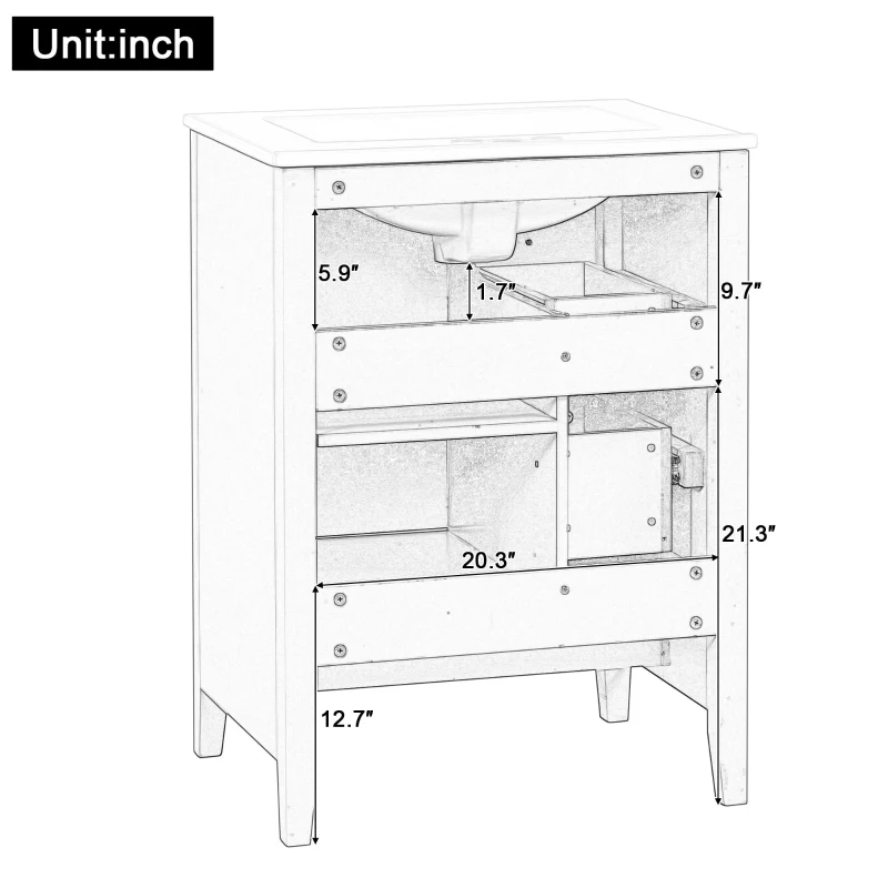 Ample Bathroom Vanity with 2 Upper Drawers and Removable Bottom Drawer, Ideal Cabinet for Small Bathrooms, 24" L x 18.5" W x 34" H, Blue Gray