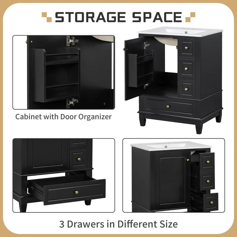 Spacious Bathroom Vanity with 3 Drawers and One-Door Cabinet, Freestanding Cabinet for Small Bathrooms, 24" L x 18.5" W x 34" H, Black