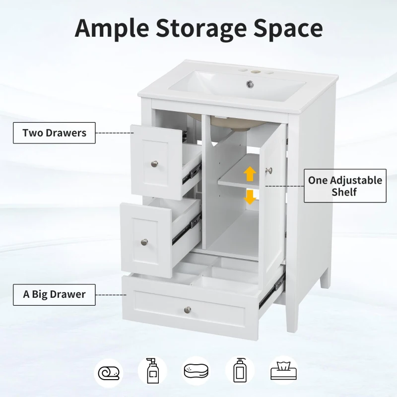 Ample Bathroom Vanity with 2 Upper Drawers and Removable Bottom Drawer, Ideal Cabinet for Small Bathrooms, 24" L x 18.5" W x 34" H, White