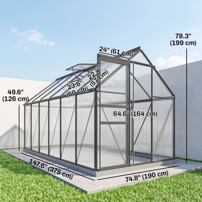 Outsunny 6' x 12' x 6.5' Polycarbonate Greenhouse, Walk-in Green House with Aluminum Frame Adjustable Roof Vent Galvanized Base Sliding Door Rain Gutter for Outdoor Garden, Grey