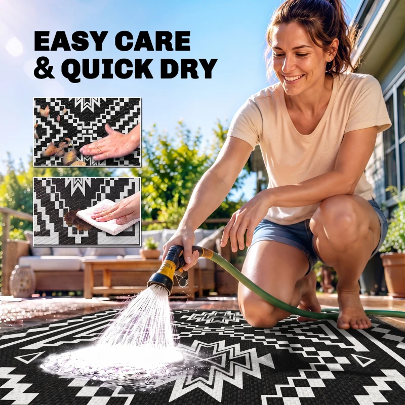 Outsunny Reversible Outdoor Rug, Waterproof Plastic Straw with Carry Bag, 9' x 18', Black & White Square Patchwork