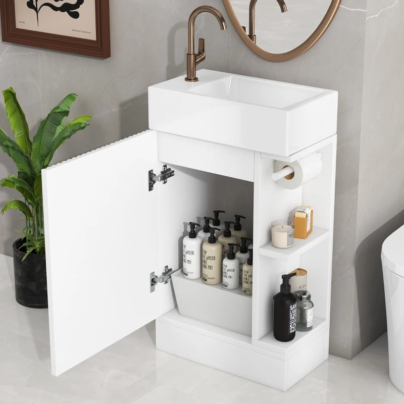 Practical Bathroom Vanity with 2-Tier Storage Shelves and Toilet Paper Holder, Compact Cabinet for Small Bathrooms, 18.5" L x 10.5" W x 33" H, White
