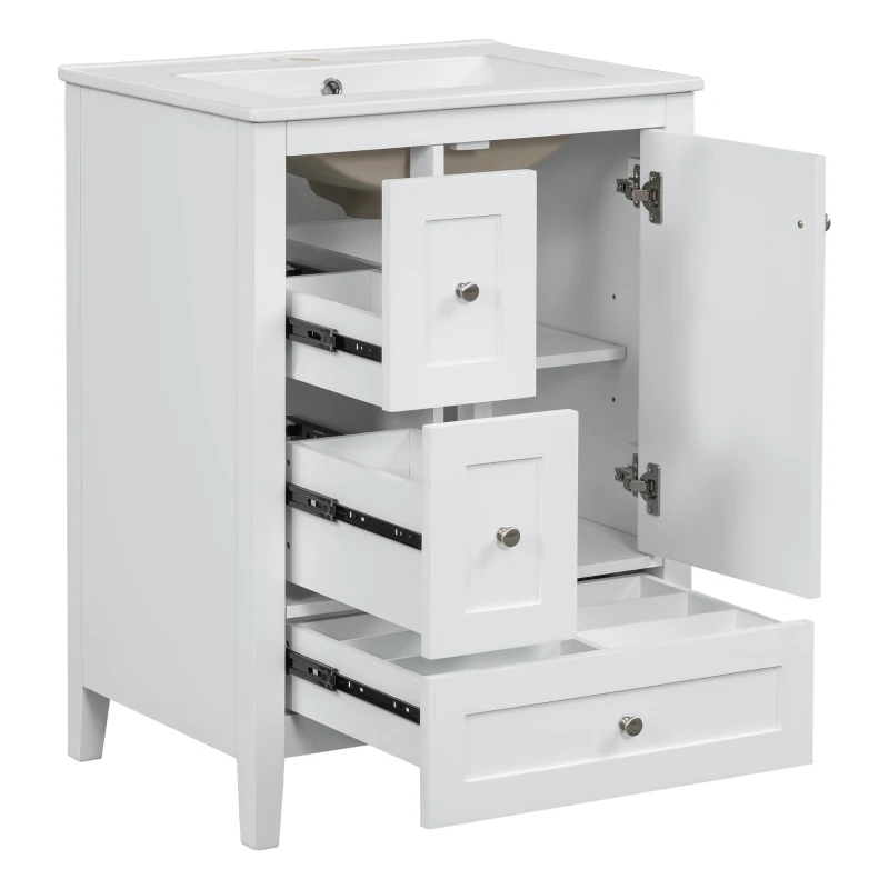Ample Bathroom Vanity with 2 Upper Drawers and Removable Bottom Drawer, Ideal Cabinet for Small Bathrooms, 24" L x 18.5" W x 34" H, White