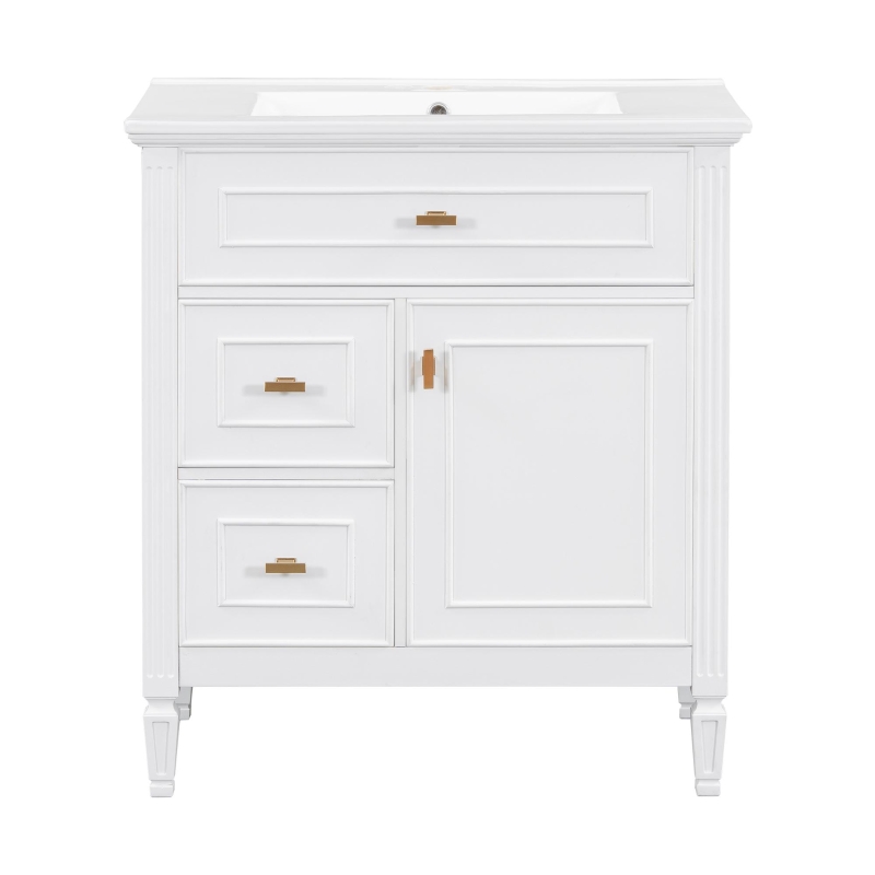 Spacious Vanity with Tip-Out Top Drawer and 2 Left-Side Drawers, Ideal Cabinet for Small-To-Medium Bathrooms, 30" L x 18.5" W x 33.5" H, White