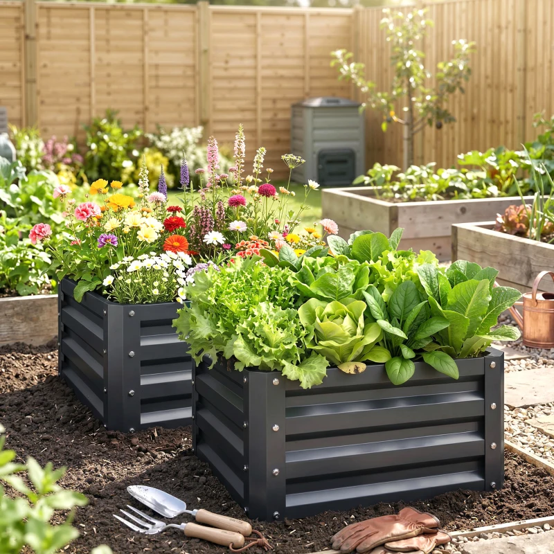 Outsunny 2pc 23.5" Elevated Herb & Vegetable Planting Box Kit w/ Versatile Uses, Dark Gray