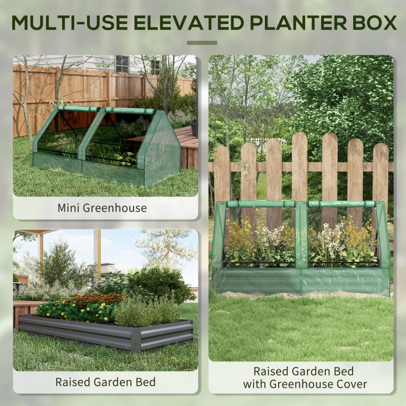 Outsunny 6' x 3' Metal Planter Box with Cover, Raised Garden Bed with Mini Greenhouse for Herbs, Vegetables, Green and Dark Grey