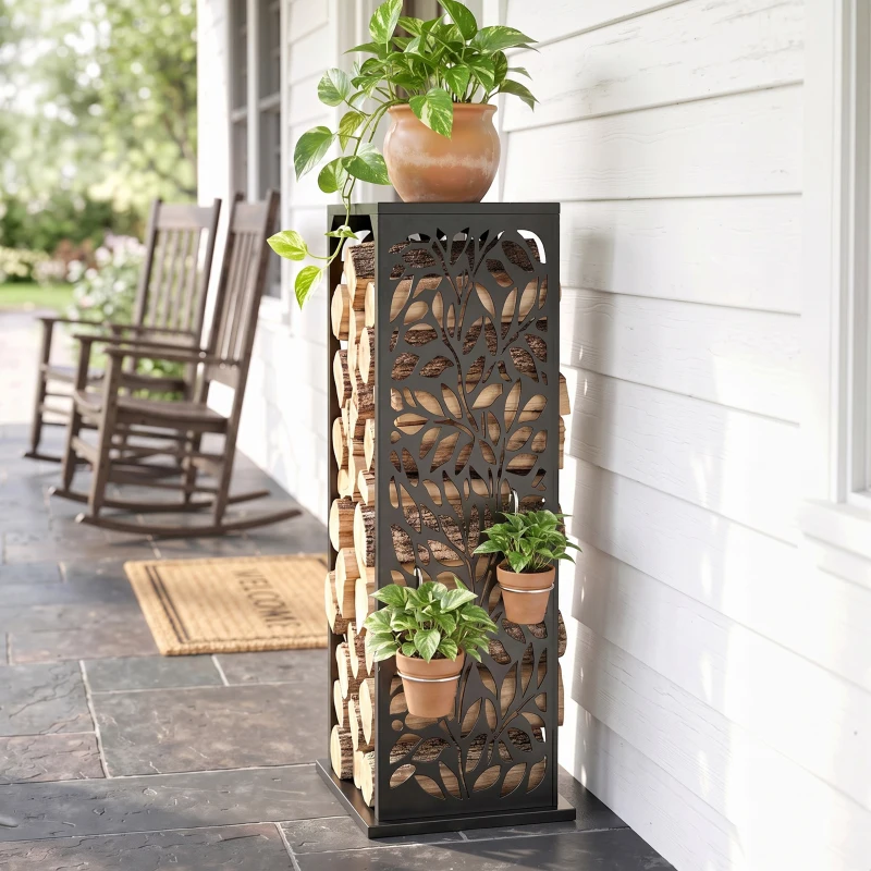 Outsunny 15 Inch Firewood Rack Outdoor Indoor, Cutout Galvanized Steel Firewood Holder with Hooks, Adjustable Pads, Black