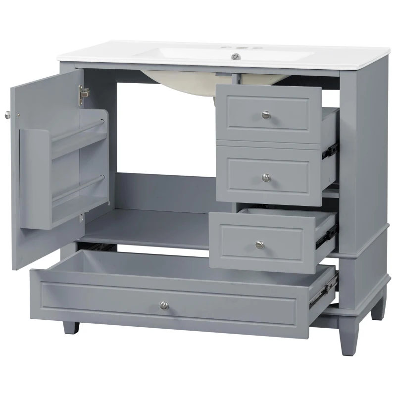 Spacious Bathroom Vanity with 3 Drawers and One-Door Cabinet, Freestanding Cabinet for Small Bathrooms, 36" L x 18.5" W x 33.5" H, Gray
