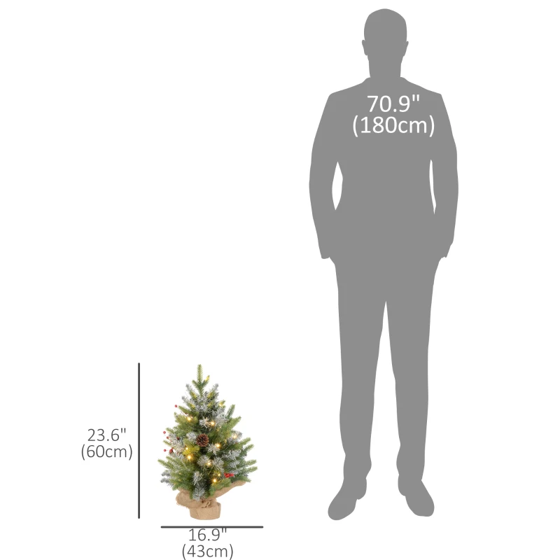 HOMCOM Set of 2 2ft Pre-Lit Artificial Christmas Trees with 20 Warm White Lights and 141 Tips, Burlap Base, Xmas Tree, Green
