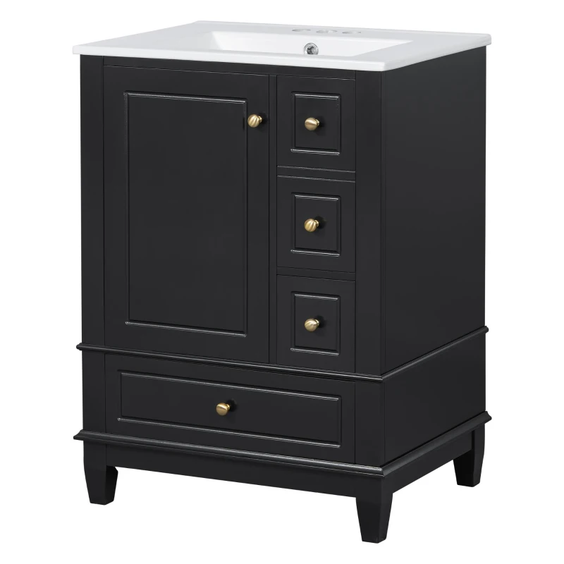 Spacious Bathroom Vanity with 3 Drawers and One-Door Cabinet, Freestanding Cabinet for Small Bathrooms, 24" L x 18.5" W x 34" H, Black
