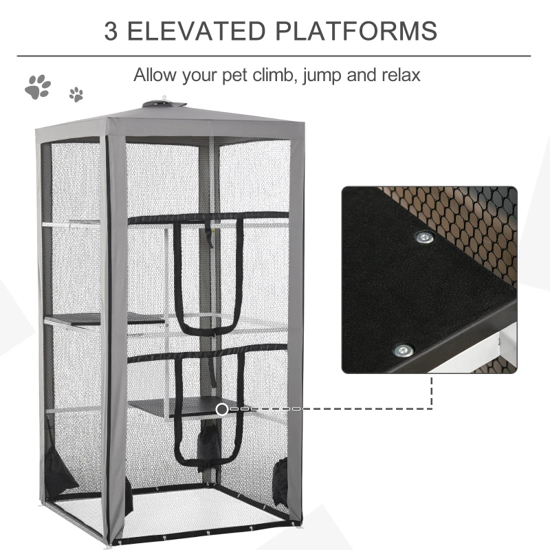 PawHut 79"H Catio Outdoor Cat Enclosure, Steel Frame Cat Cage with 3 Platforms, 2 Doors and 4 Sandbags for Stability